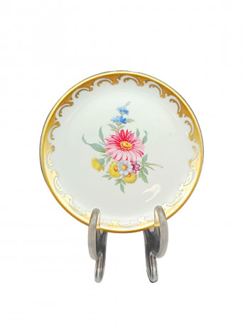 Тарелка декоративная винтажная Gerold Bavaria "Розовая гербера" с золотистой окантовкой, фарфор, 10 см, Германия, 1960-70гг.