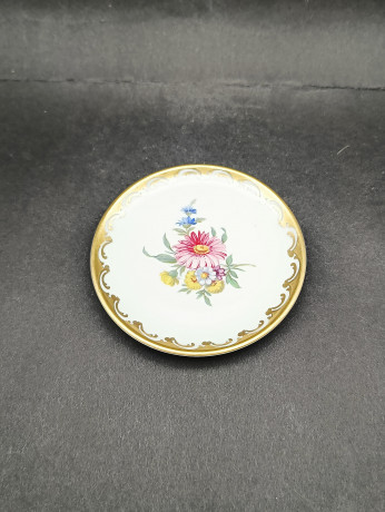 Тарелка декоративная винтажная Gerold Bavaria "Розовая гербера" с золотистой окантовкой, фарфор, 10 см, Германия, 1960-70гг.