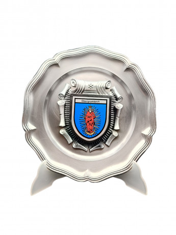 Тарелка декоративная винтажная "Герб города Обергромбах" / Серия "Геральдика", яркий декор, олово (95%), 23 см, Германия, 1970-80гг.